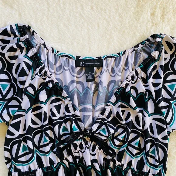 INC International Concepts Black Green White Geometric Dress size M - Picture 3 of 9